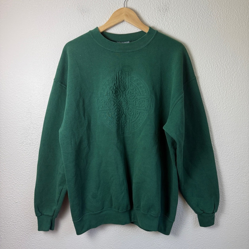 Vintage Sweatshirt Embossed Celtic CrossUnisex L Green Excellent Pullover